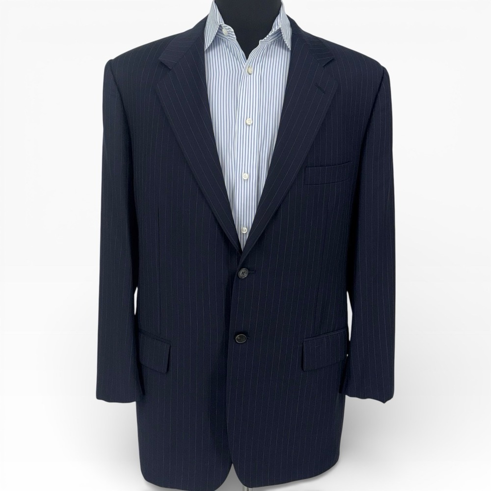 Corneliani Italy Men's Navy Blue Pinstripe Blazer Jacket Super 140's Wool 54L